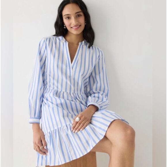 J. CREW Tiered Cotton Poplin Mini Dress Barrie Stripe Blue White Sz M {T41} - Picture 1 of 7